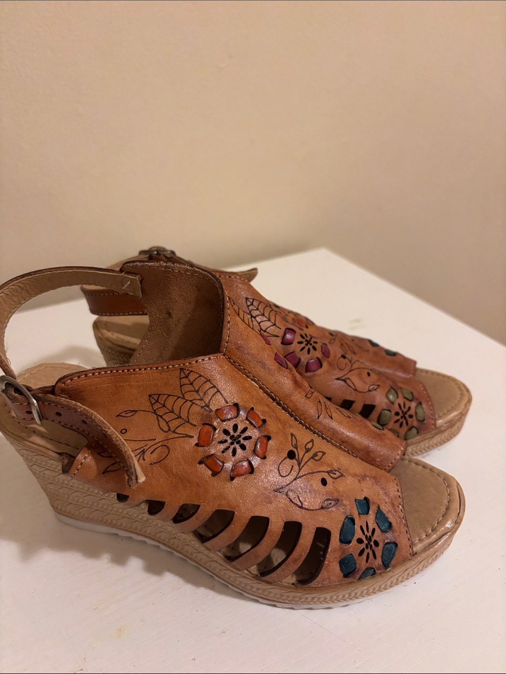 Brown Leather Floral Cutout Wedge Sandals